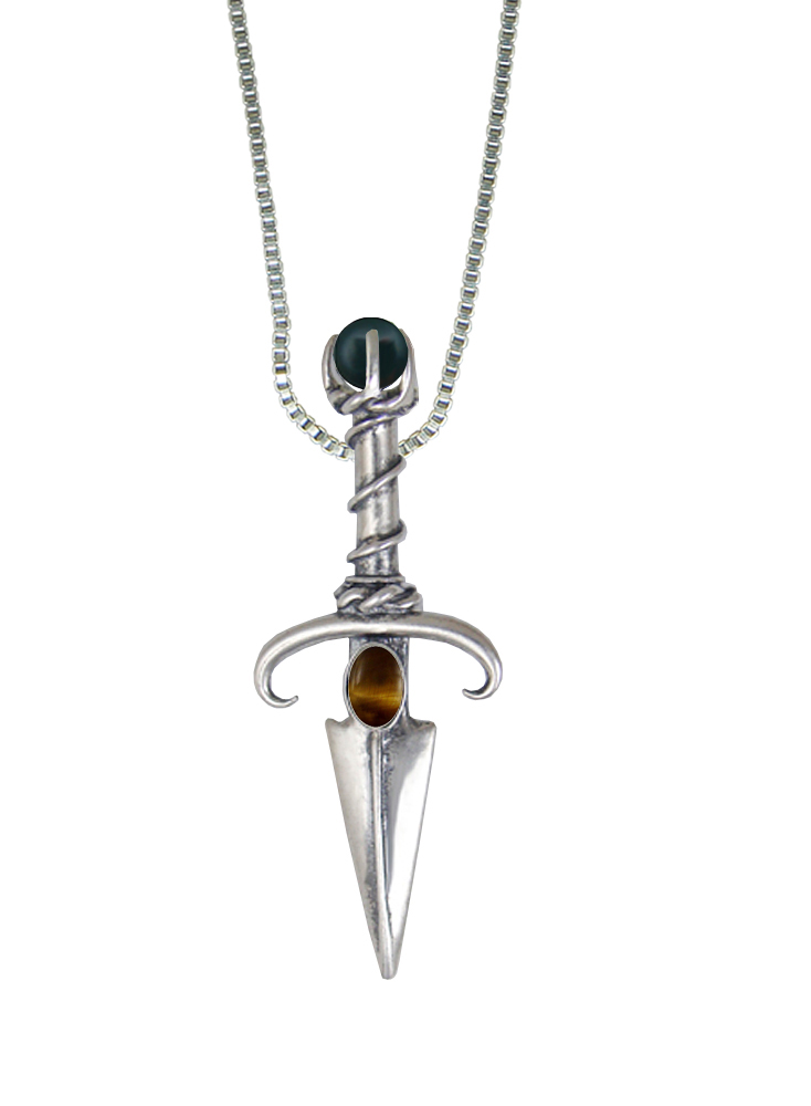 Sterling Silver Black Prince's Knife Dagger Pendant With Tiger Eye And Bloodstone